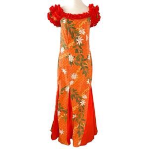 T&L Muumuu Factory Orange Puff Sleeve Vintage Hawaiian Aloha Dress Floral Ruffle